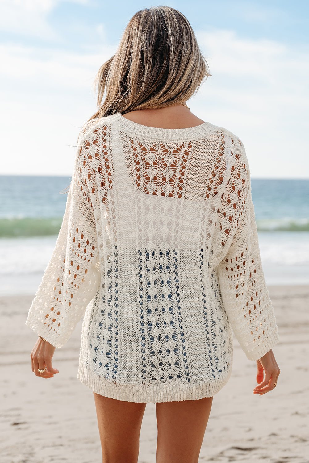 Hollow Out Knit 3/4 Drop Shoulder Sweater - Rooted & Reckless Co.