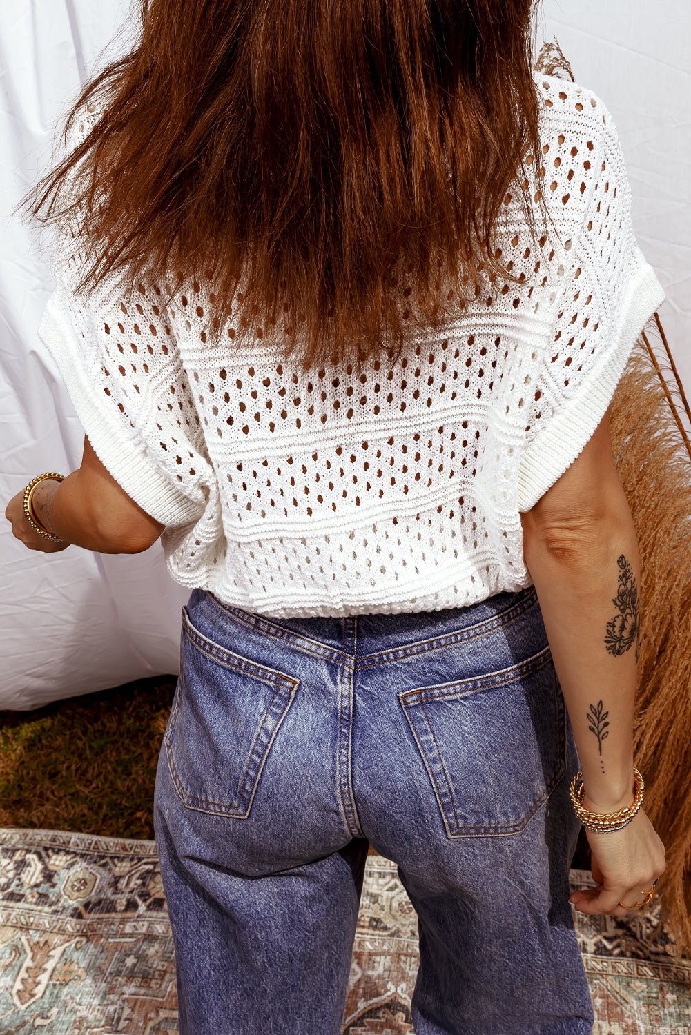 Hollow-Out Knit Round Neck Dolman Sweater - Rooted & Reckless Co.