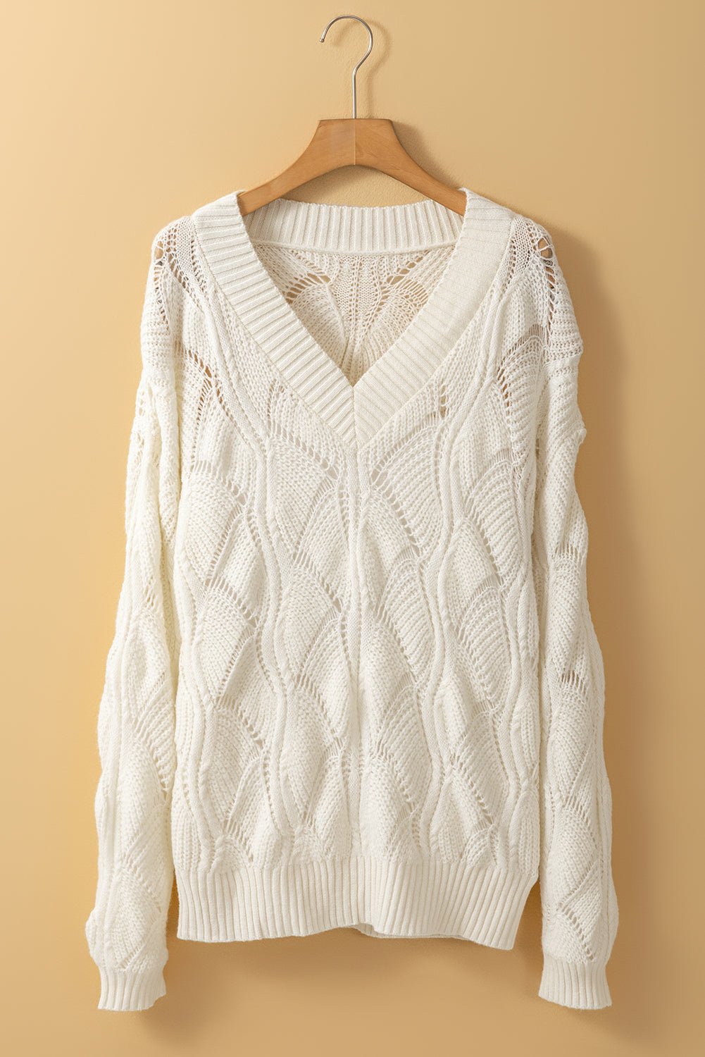 Hollow-Out Knit V-Neck Drop Shoulder Sweater - Rooted & Reckless Co.