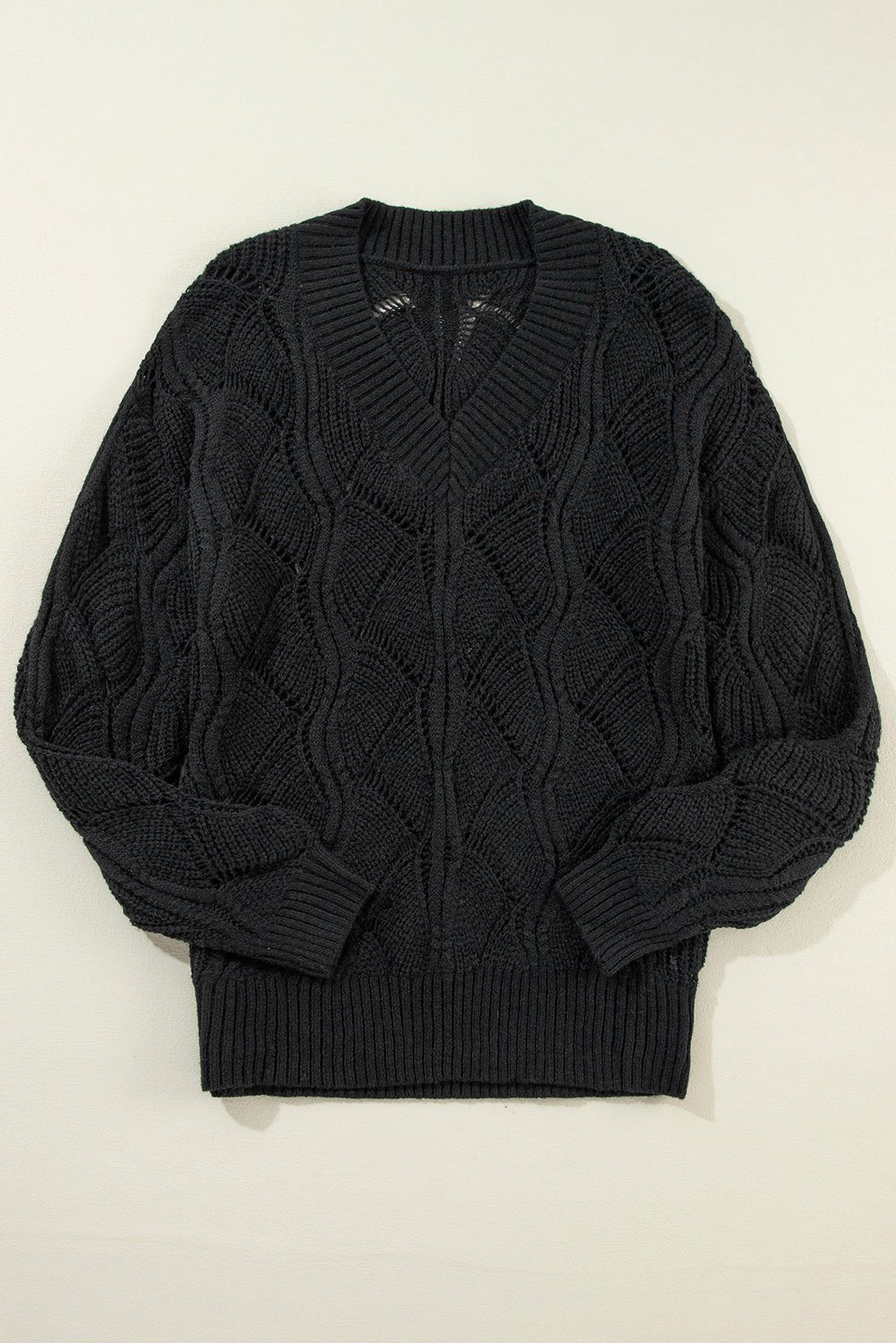 Hollow-Out Knit V-Neck Drop Shoulder Sweater - Rooted & Reckless Co.