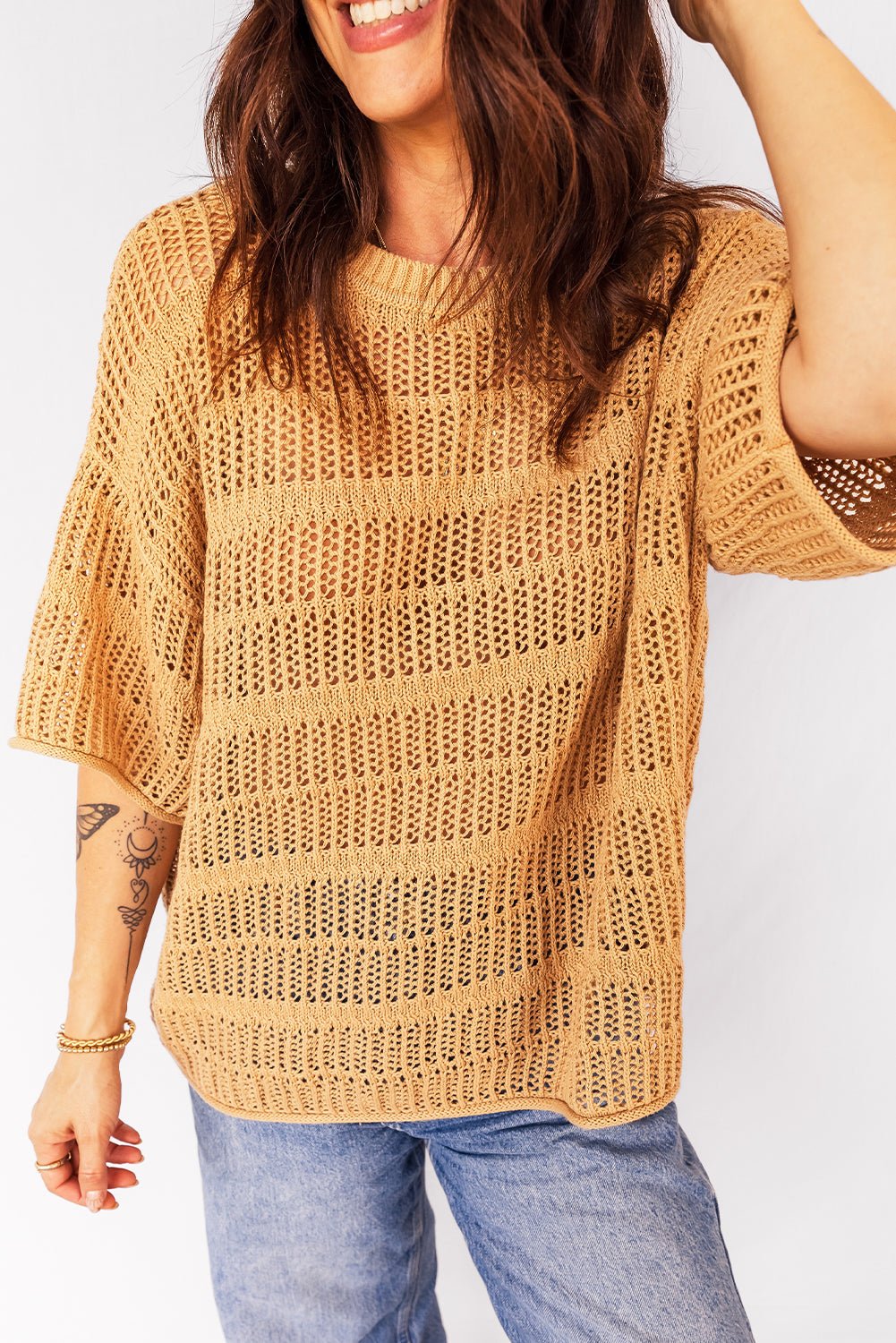 Hollow-Out Openwork Knit 3/4 Sleeve Sweater - Rooted & Reckless Co.