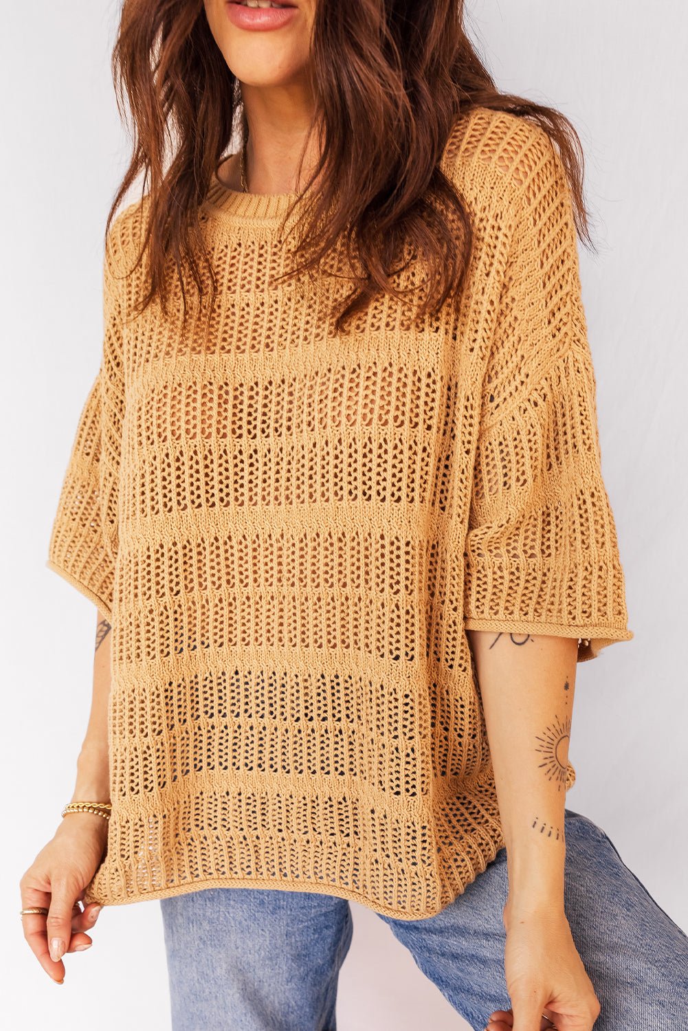 Hollow-Out Openwork Knit 3/4 Sleeve Sweater - Rooted & Reckless Co.