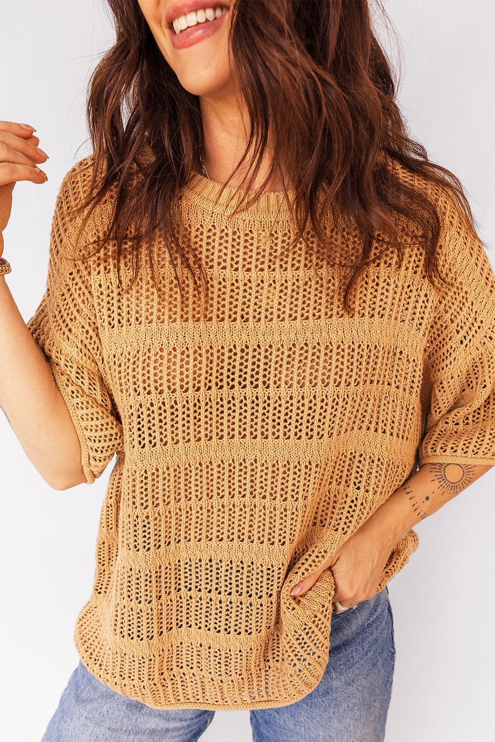 Hollow-Out Openwork Knit 3/4 Sleeve Sweater - Rooted & Reckless Co.