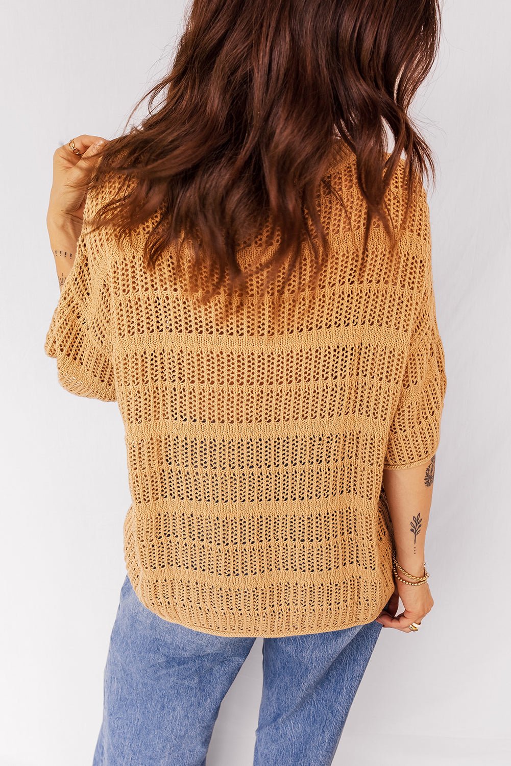 Hollow-Out Openwork Knit 3/4 Sleeve Sweater - Rooted & Reckless Co.