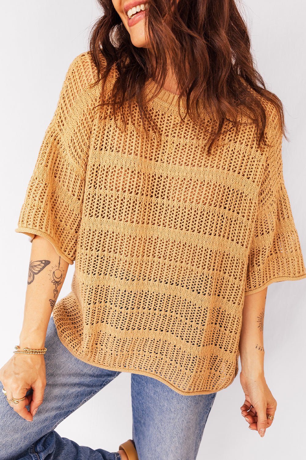 Hollow-Out Openwork Knit 3/4 Sleeve Sweater - Rooted & Reckless Co.