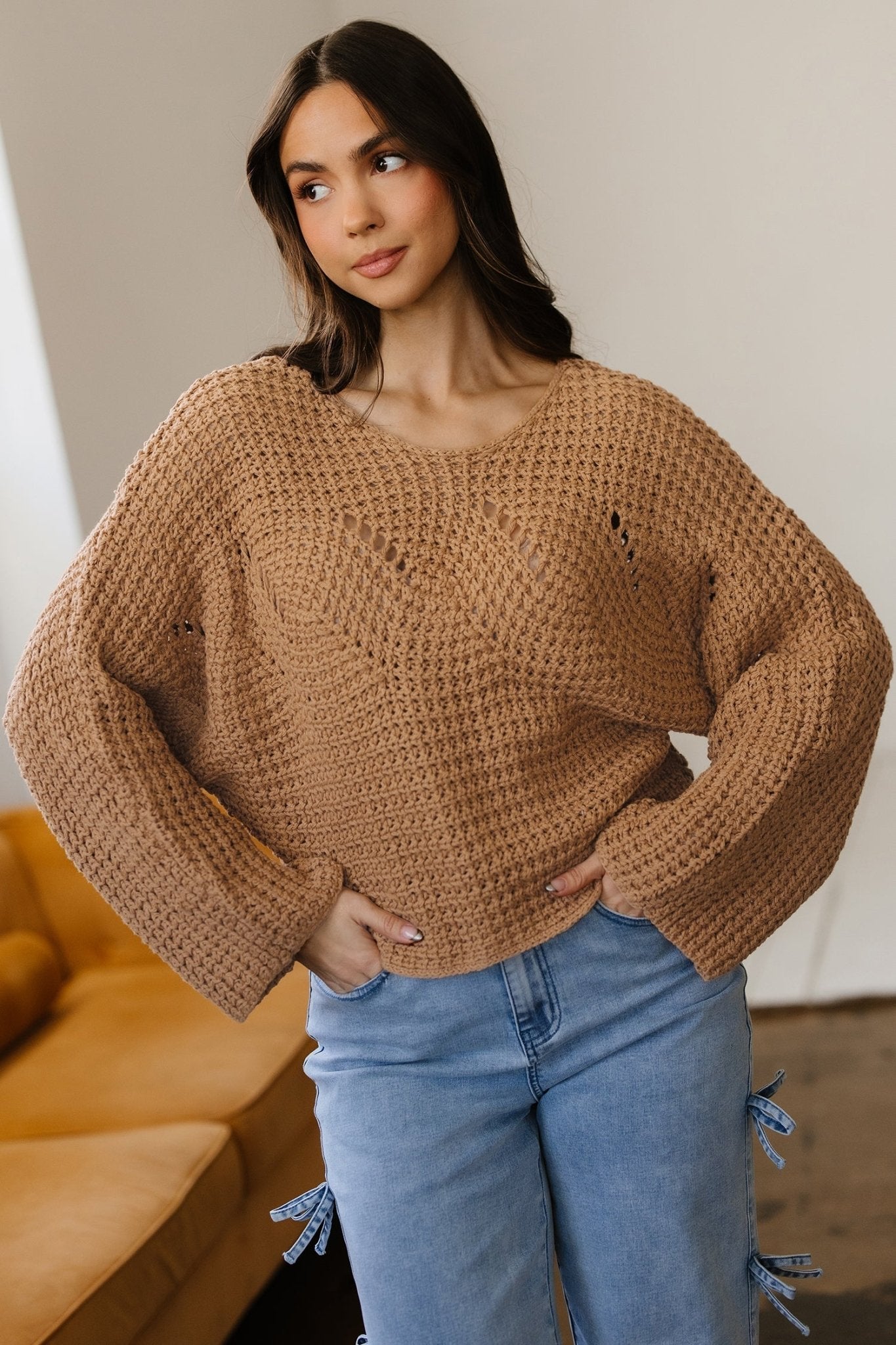 Hollowed Knit Wide Sleeve Pullover Sweater - Rooted & Reckless Co.