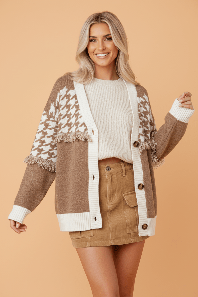 Houndstooth Colorblock Raw Edge Button Front Cardigan - Rooted & Reckless Co.