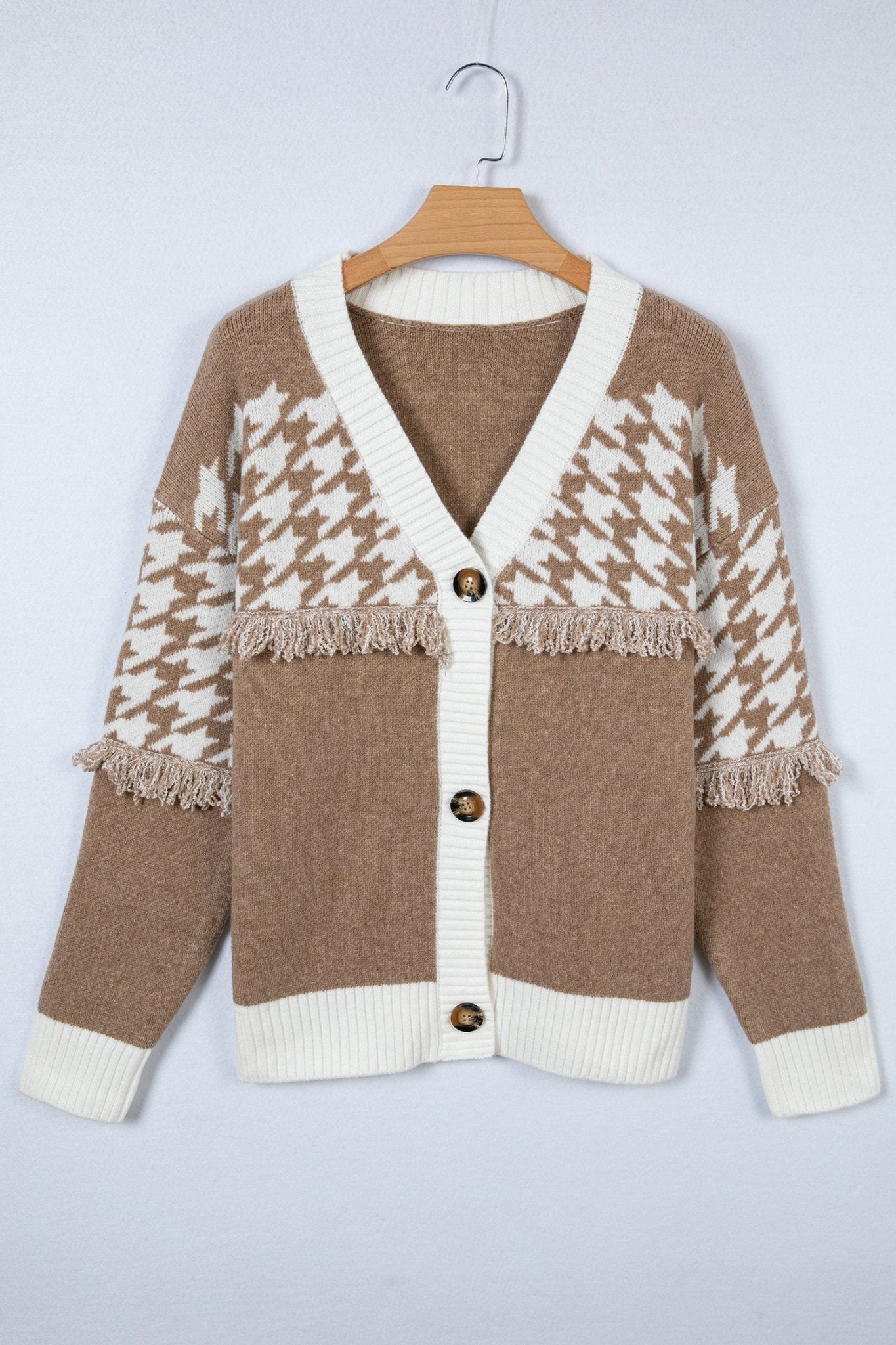 Houndstooth Colorblock Raw Edge Button Front Cardigan - Rooted & Reckless Co.