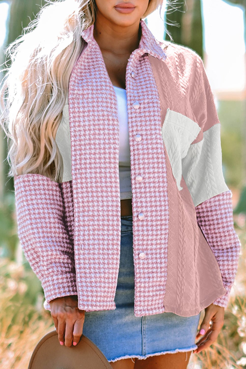 Houndstooth Colorblock Textured Patchwork Shacket - Rooted & Reckless Co.