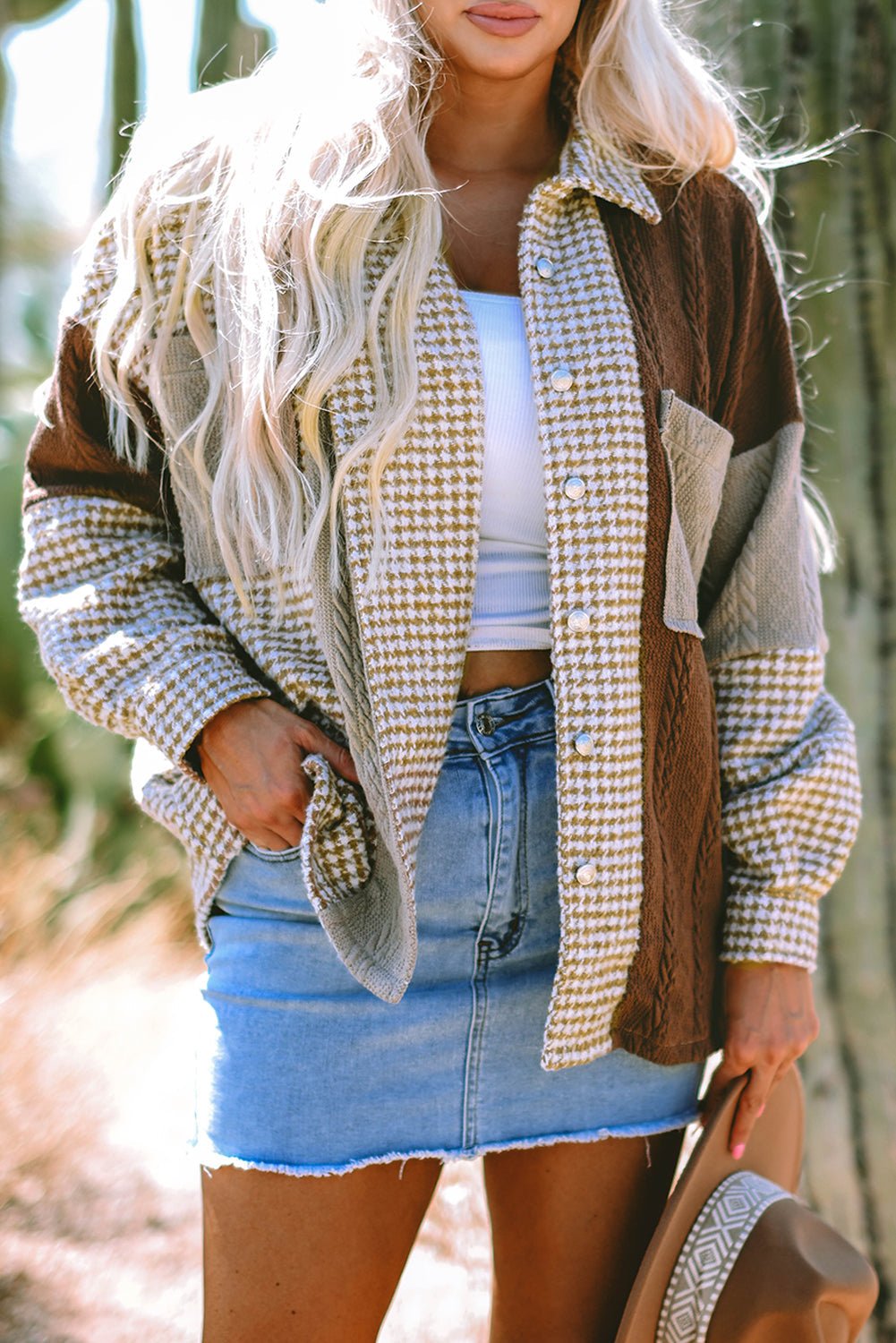 Houndstooth Colorblock Textured Patchwork Shacket - Rooted & Reckless Co.