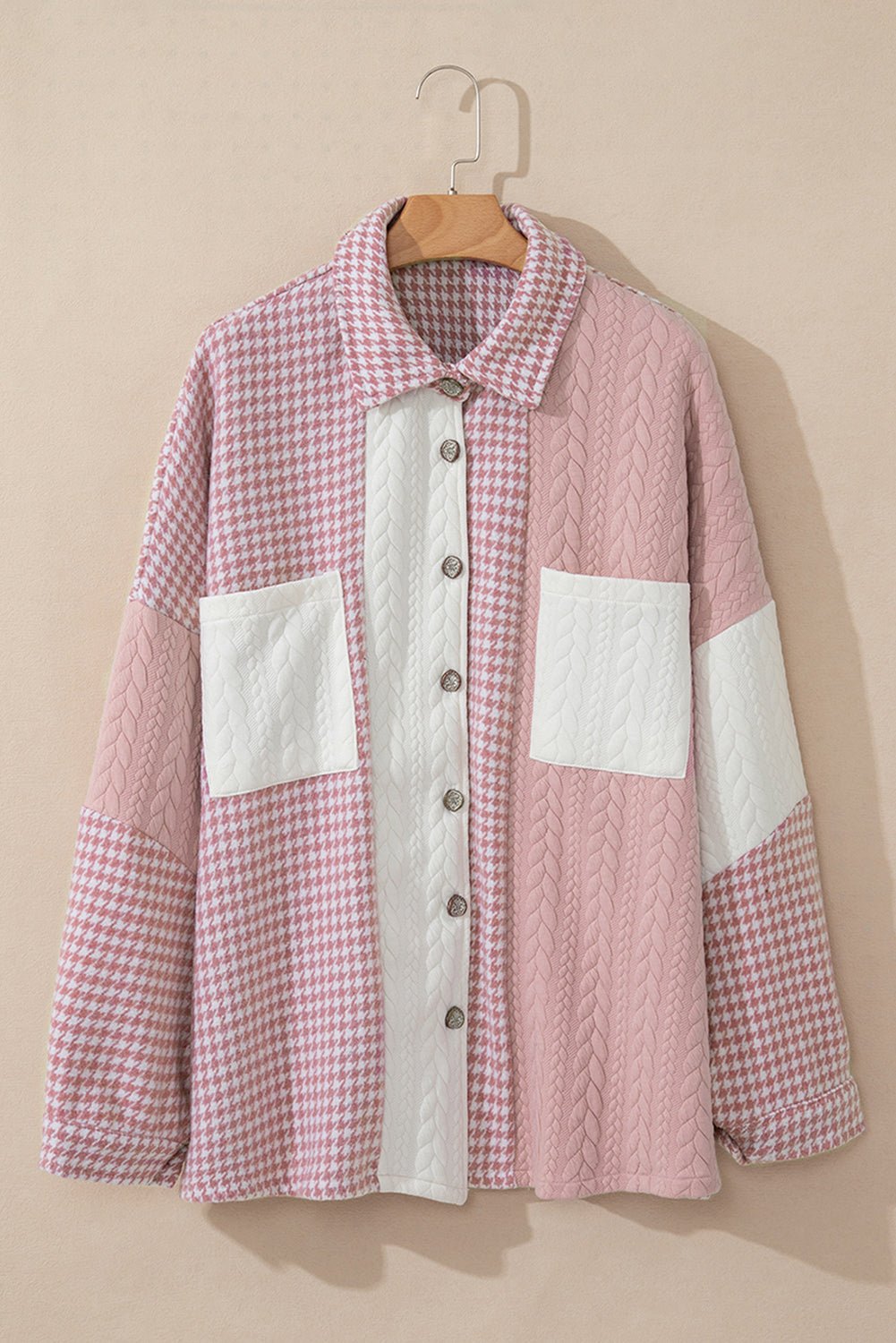 Houndstooth Colorblock Textured Patchwork Shacket - Rooted & Reckless Co.