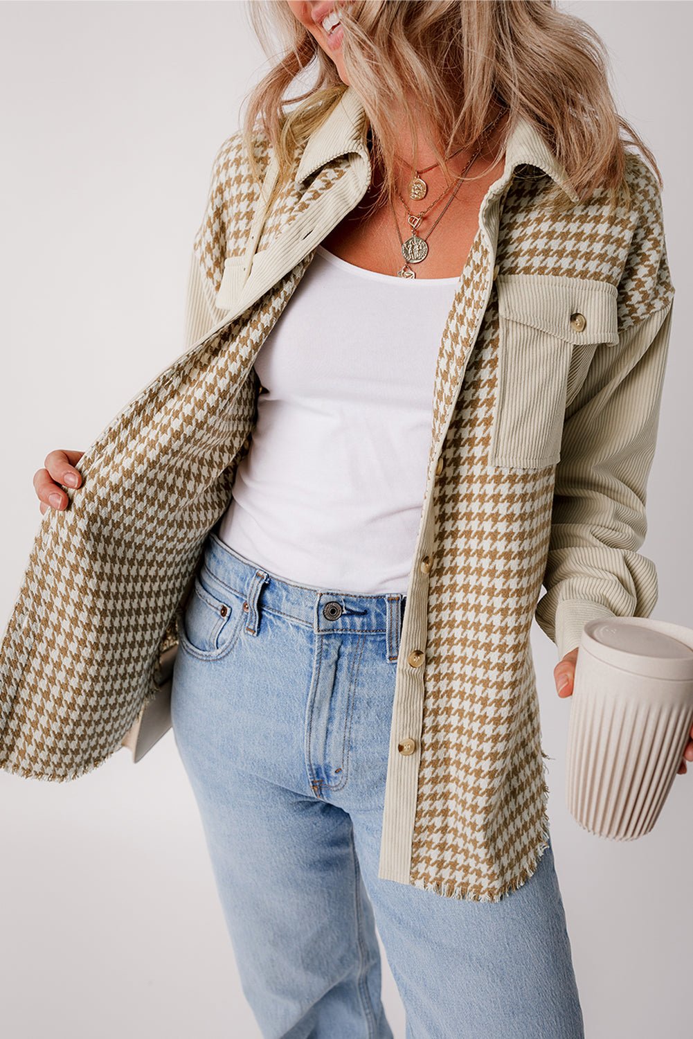 Houndstooth Corduroy Patchwork Flap Pocket Shacket - Rooted & Reckless Co.