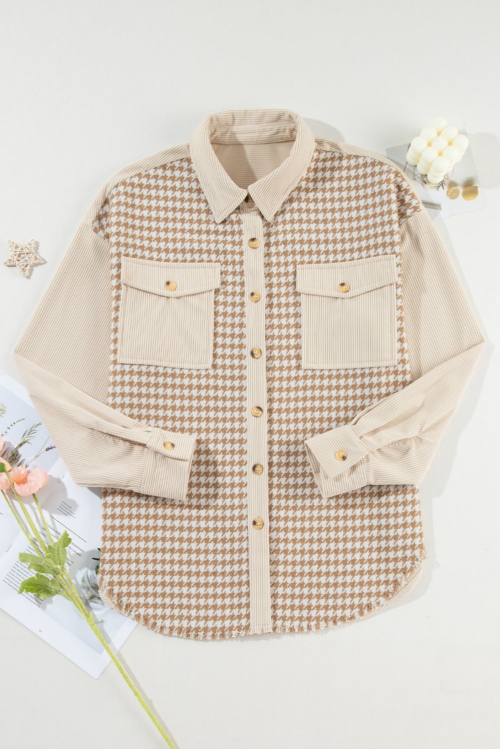 Houndstooth Corduroy Patchwork Flap Pocket Shacket - Rooted & Reckless Co.