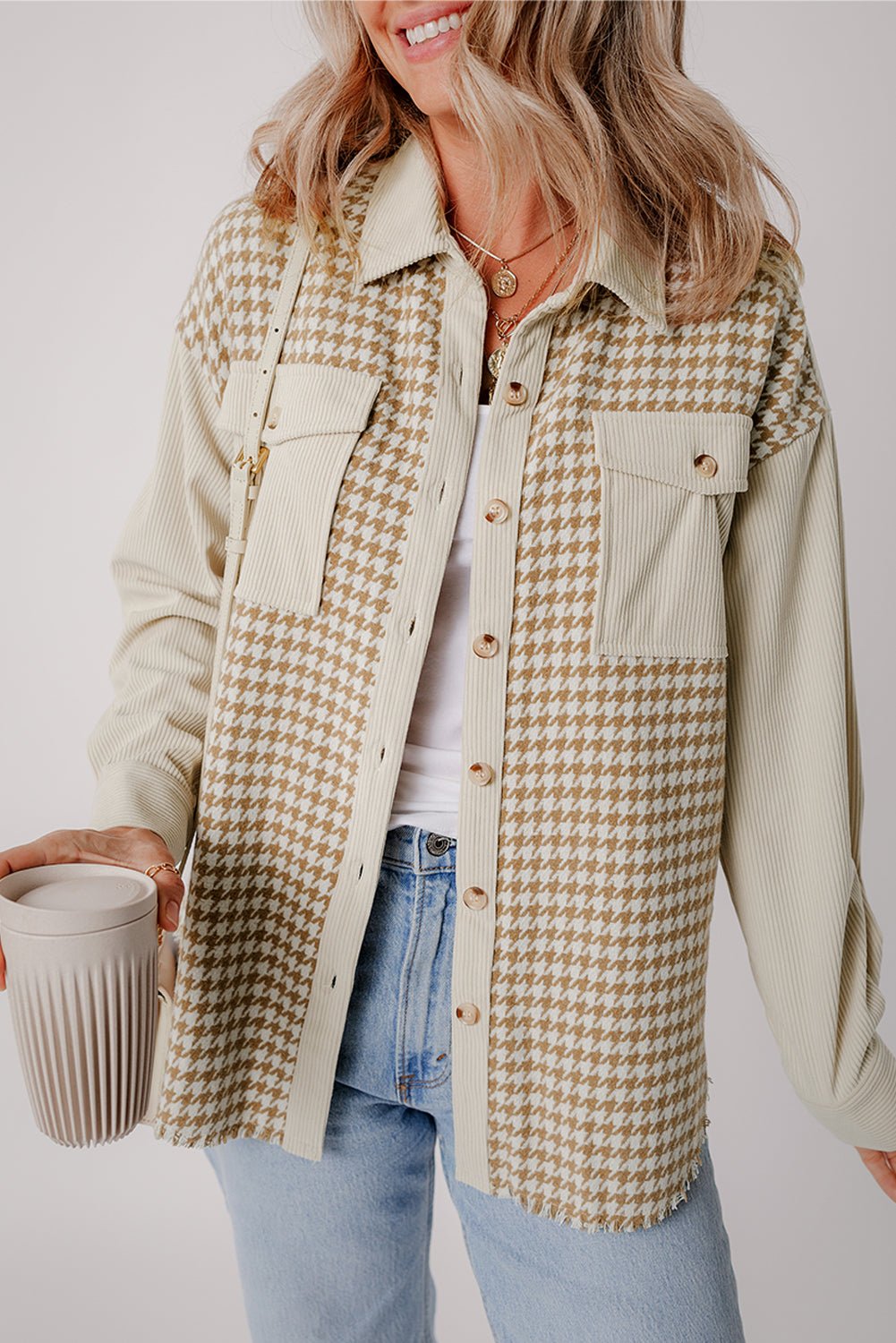 Houndstooth Corduroy Patchwork Flap Pocket Shacket - Rooted & Reckless Co.