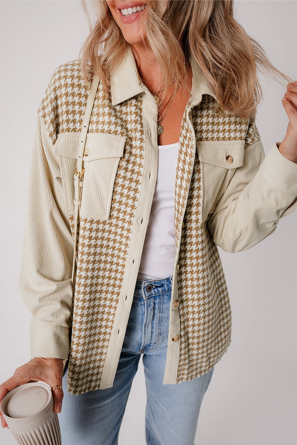 Houndstooth Corduroy Patchwork Flap Pocket Shacket - Rooted & Reckless Co.