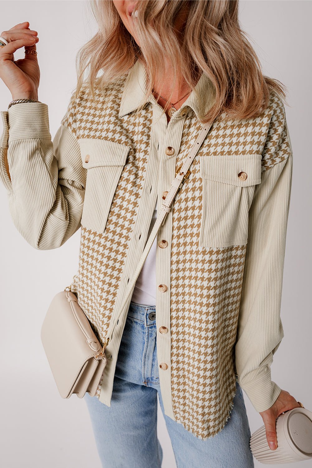 Houndstooth Corduroy Patchwork Flap Pocket Shacket - Rooted & Reckless Co.