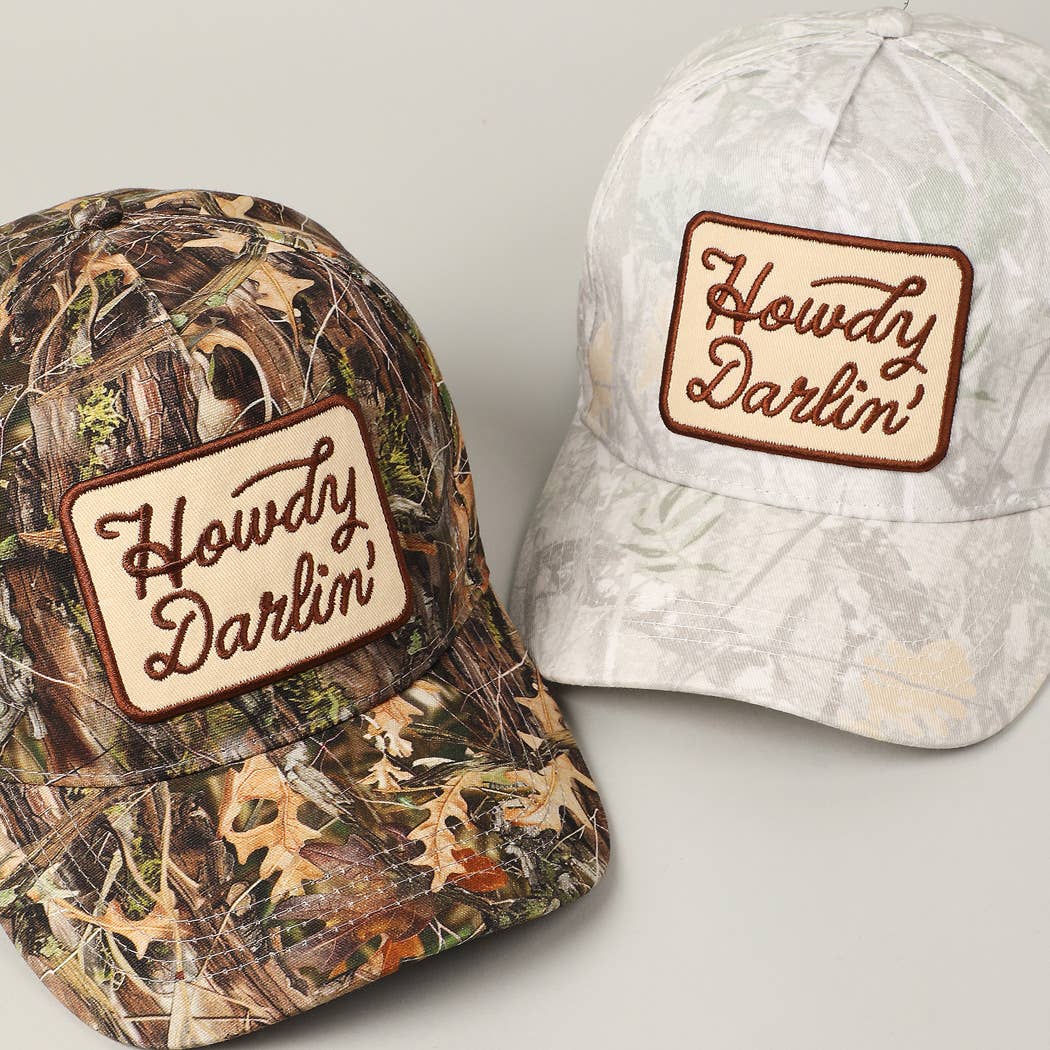 "Howdy Darlin'" Realtree Camo Patch Trucker Hat — 100% Cotton with Adjustable Snapback - Rooted & Reckless Co.