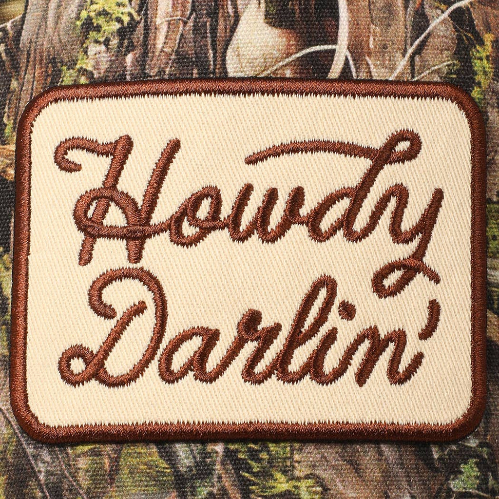 "Howdy Darlin'" Realtree Camo Patch Trucker Hat — 100% Cotton with Adjustable Snapback - Rooted & Reckless Co.