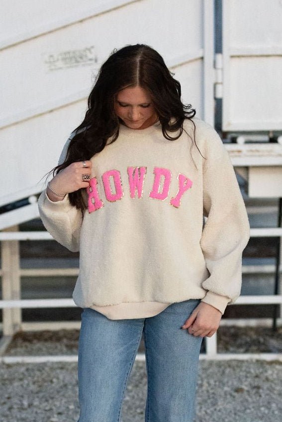 "Howdy" Western Sherpa Pullover — Ivory with Pink & Gold Applique Patches (XL remains) - Rooted & Reckless Co.