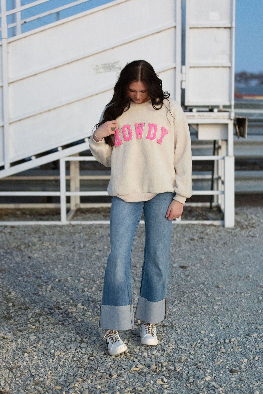 "Howdy" Western Sherpa Pullover — Ivory with Pink & Gold Applique Patches (XL remains) - Rooted & Reckless Co.