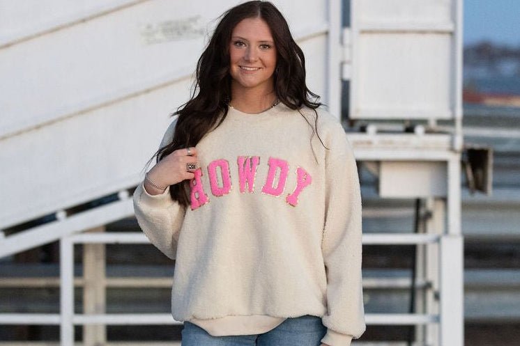 "Howdy" Western Sherpa Pullover — Ivory with Pink & Gold Applique Patches (XL remains) - Rooted & Reckless Co.