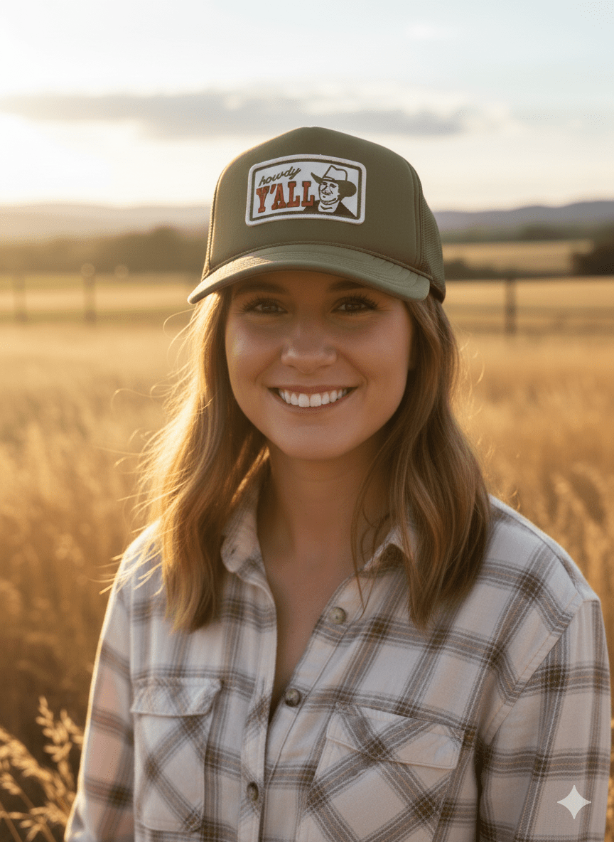 Howdy Y'all Olive Patch Trucker Hat - Rooted & Reckless Co.
