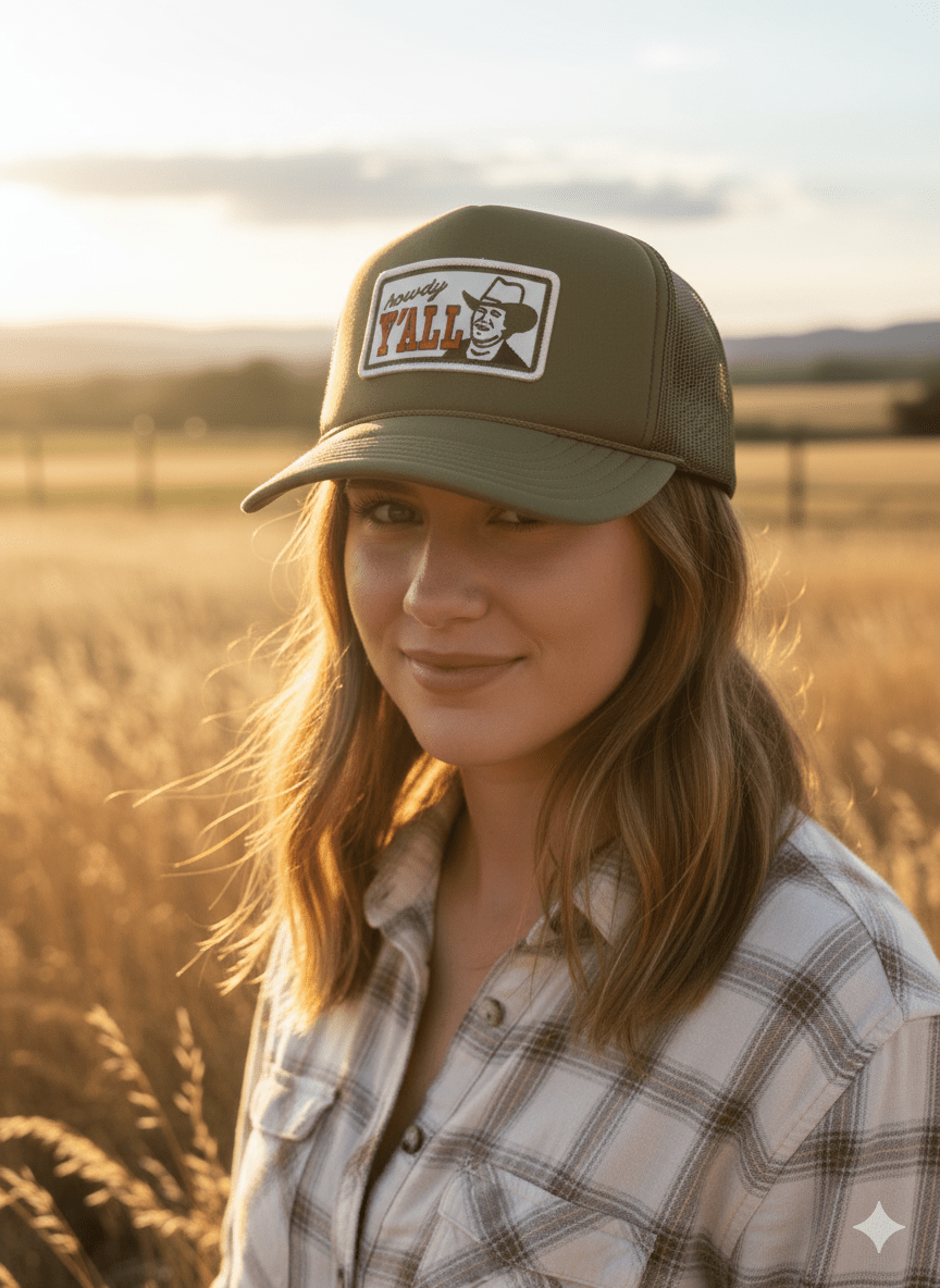 Howdy Y'all Olive Patch Trucker Hat - Rooted & Reckless Co.