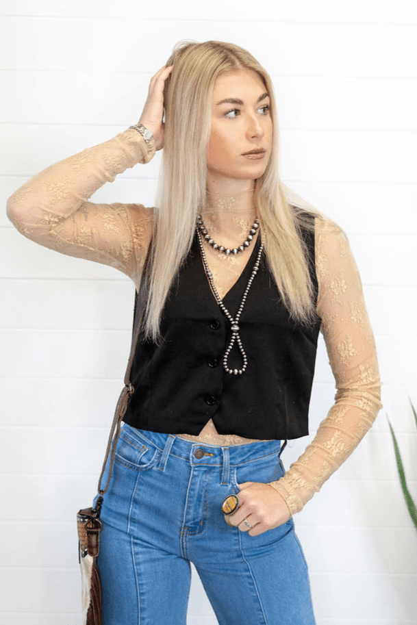 HYFVE Black V-Neck Hidden Button Sleeveless Western Vest — Crop Hem Versatile Layering Piece - Rooted & Reckless Co.
