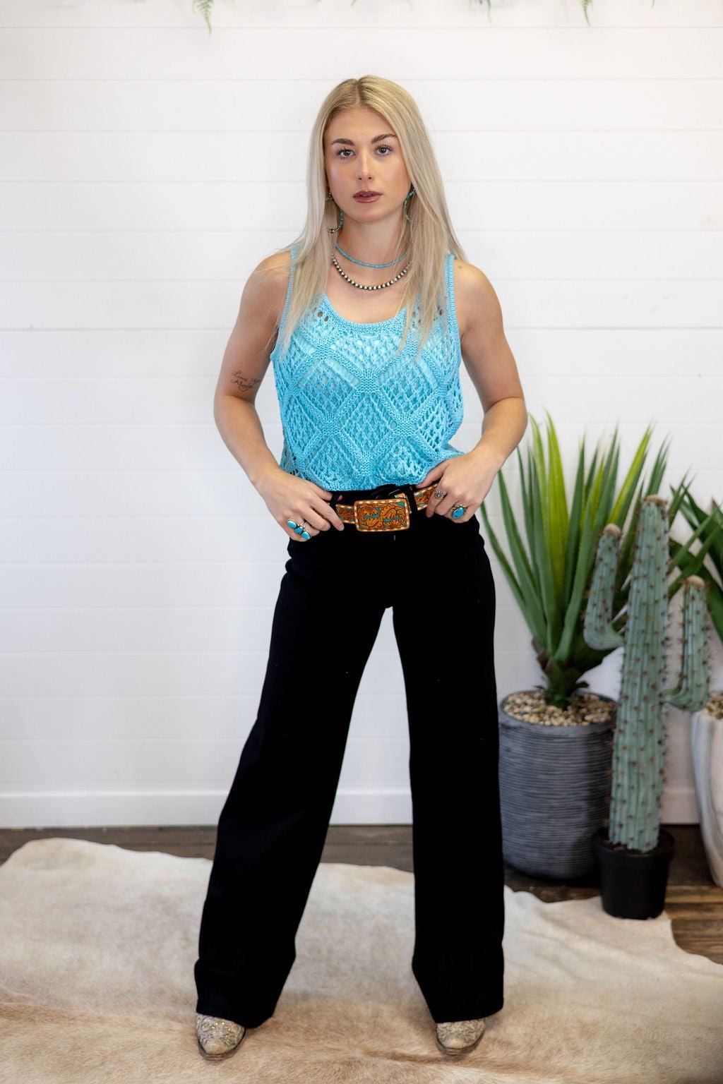 HYFVE Open Stitch Scoop Neck Sleeveless Western Layering Top — Refined Open Knit Character - Rooted & Reckless Co.