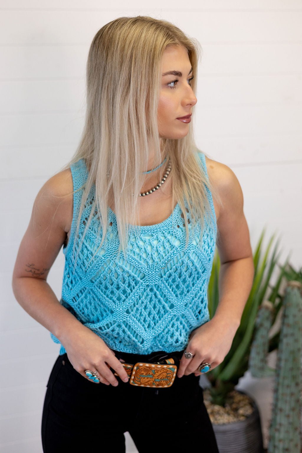 HYFVE Open Stitch Scoop Neck Sleeveless Western Layering Top — Refined Open Knit Character - Rooted & Reckless Co.