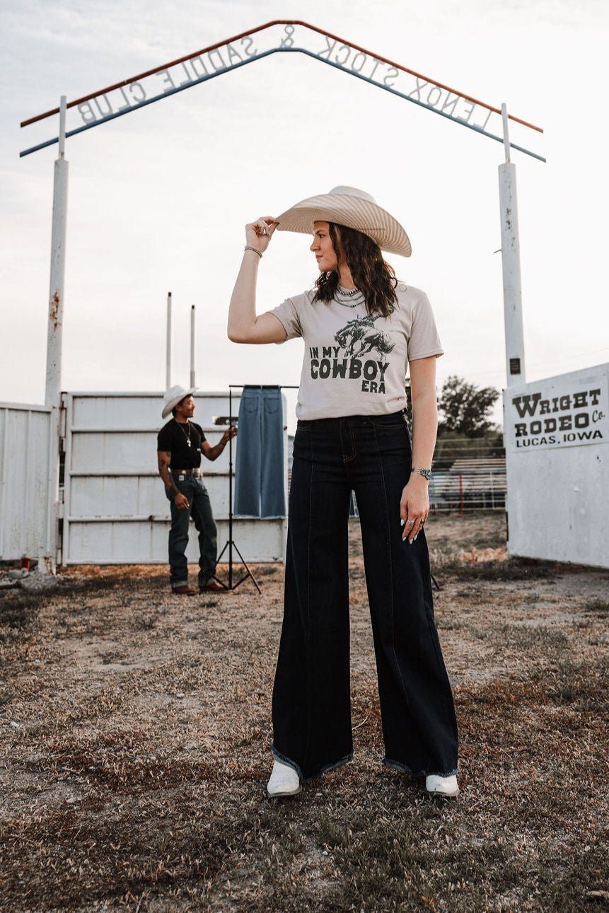 "In My Cowboy Era" Western Graphic Tee — Tan Jerzee Sublimation Print Wild West Statement - Rooted & Reckless Co.