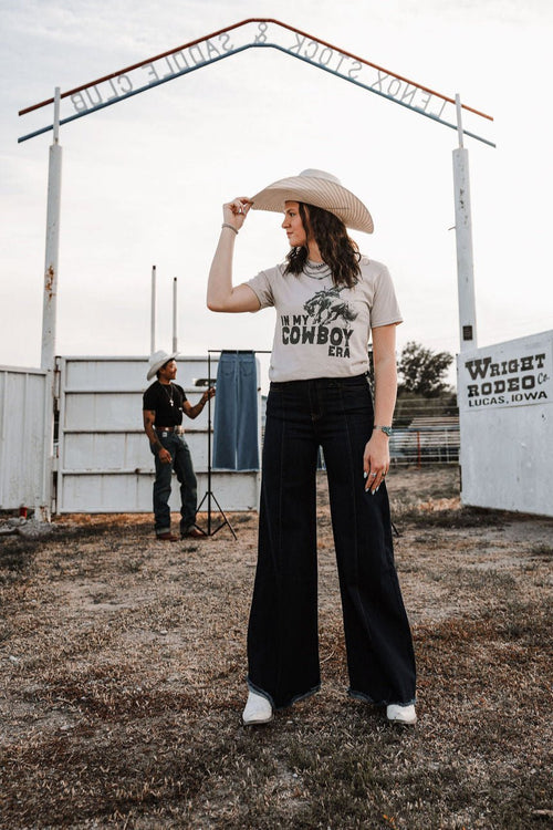 "In My Cowboy Era" Western Graphic Tee — Tan Jerzee Sublimation Print Wild West Statement - Rooted & Reckless Co.