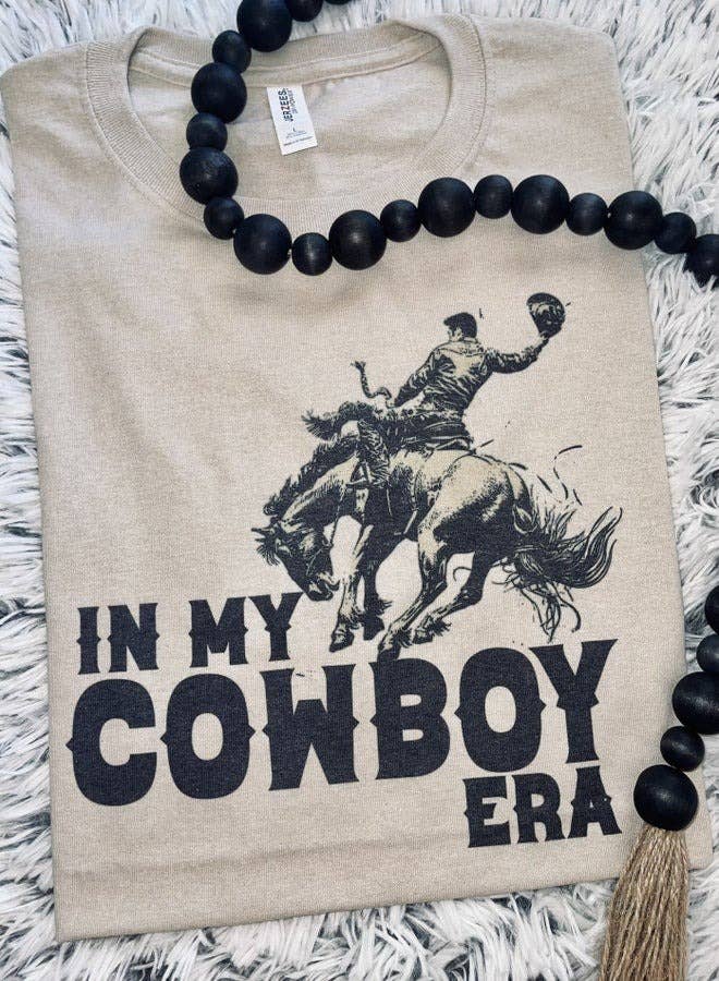 "In My Cowboy Era" Western Graphic Tee — Tan Jerzee Sublimation Print Wild West Statement - Rooted & Reckless Co.