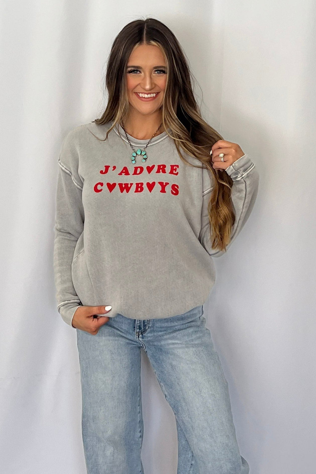 "J Adore Cowboys" Western Mineral Wash Graphic Sweatshirt — Vintage Soft Brushed Pullover - Rooted & Reckless Co.