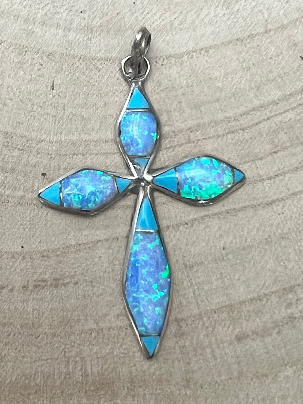 James Kee Navajo Turquoise & Opalite Inlay Cross Pendant — Sterling Silver, Signed JK - Rooted & Reckless Co.