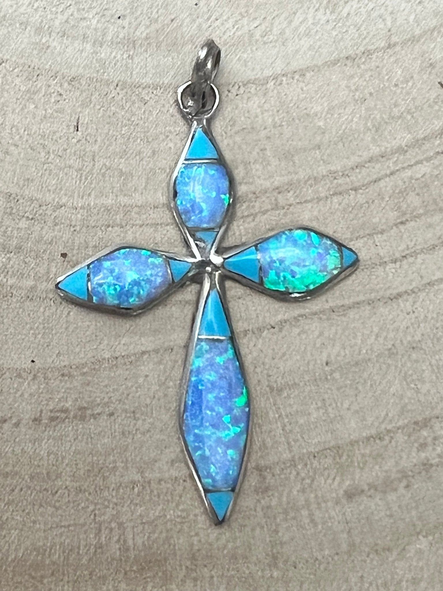 James Kee Navajo Turquoise & Opalite Inlay Cross Pendant — Sterling Silver, Signed JK - Rooted & Reckless Co.