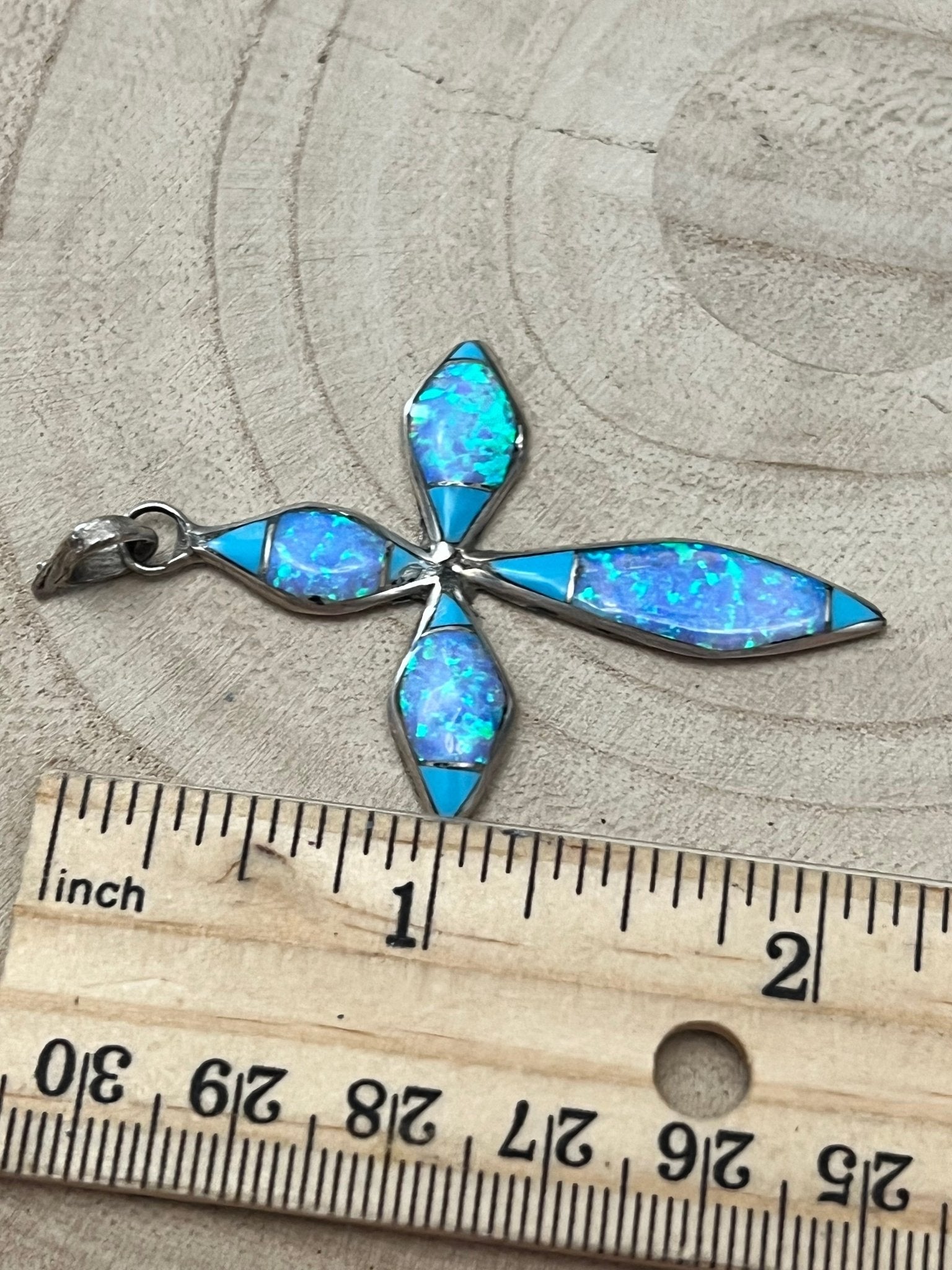 James Kee Navajo Turquoise & Opalite Inlay Cross Pendant — Sterling Silver, Signed JK - Rooted & Reckless Co.
