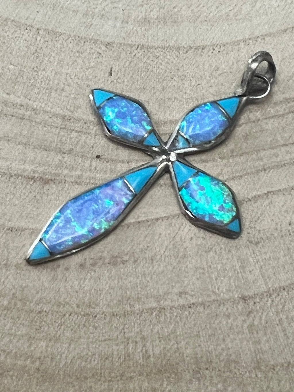 James Kee Navajo Turquoise & Opalite Inlay Cross Pendant — Sterling Silver, Signed JK - Rooted & Reckless Co.