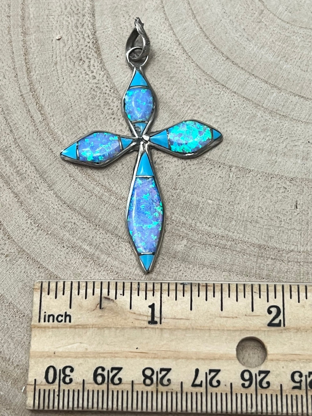 James Kee Navajo Turquoise & Opalite Inlay Cross Pendant — Sterling Silver, Signed JK - Rooted & Reckless Co.