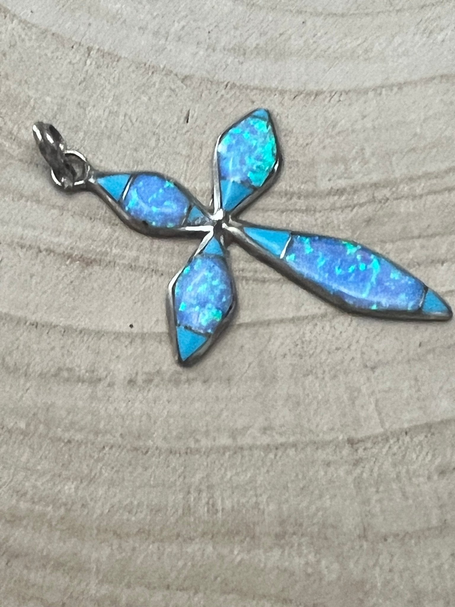 James Kee Navajo Turquoise & Opalite Inlay Cross Pendant — Sterling Silver, Signed JK - Rooted & Reckless Co.