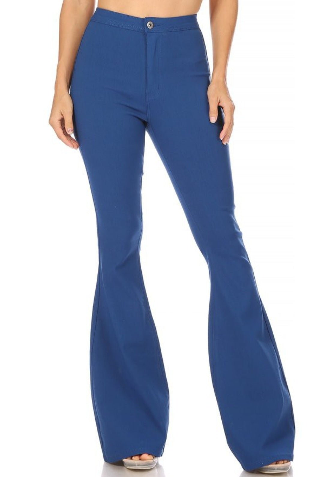 JCJQ Jeans Blue Super Stretch High-Waist Bell Bottom Pants — Vibrant Blue Retro Western Flare - Rooted & Reckless Co.
