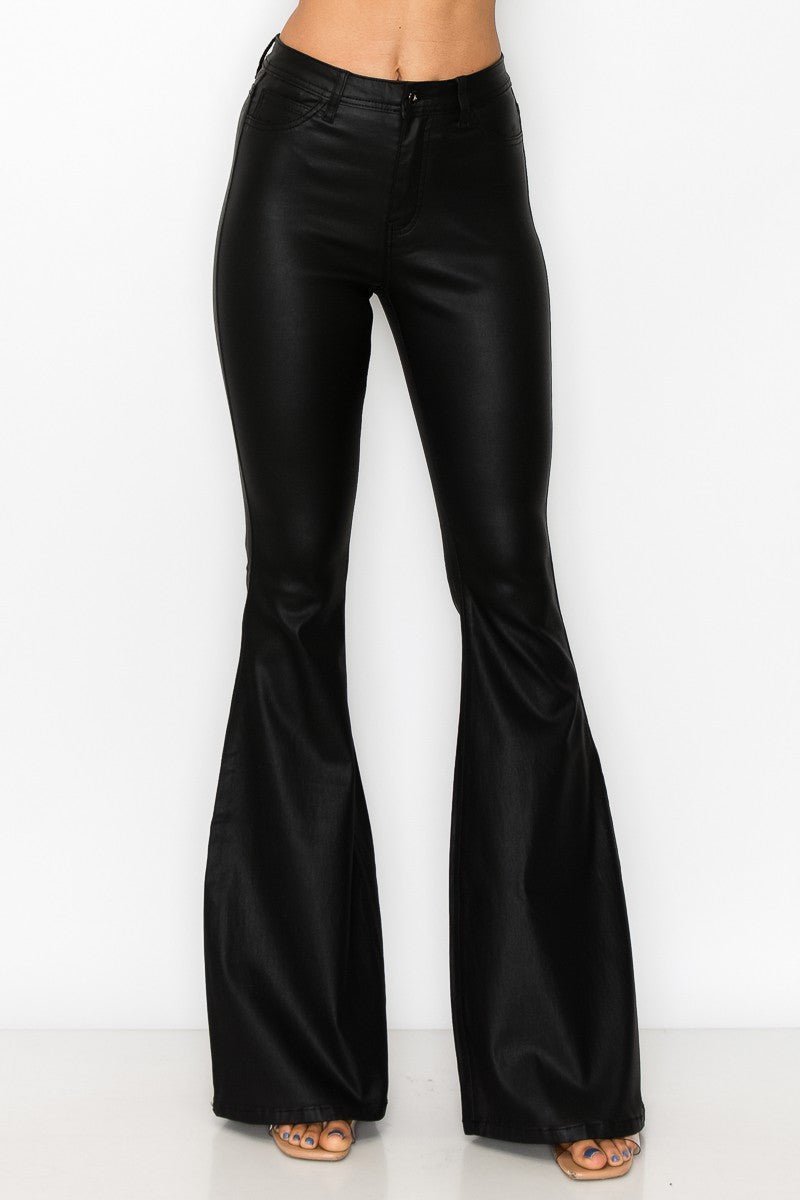 JCJQ Jeans High Waist Black Coated PU Super Bell Bottom Pants — Glam Coated Stretch with Bell Bottom Silhouette - Rooted & Reckless Co.