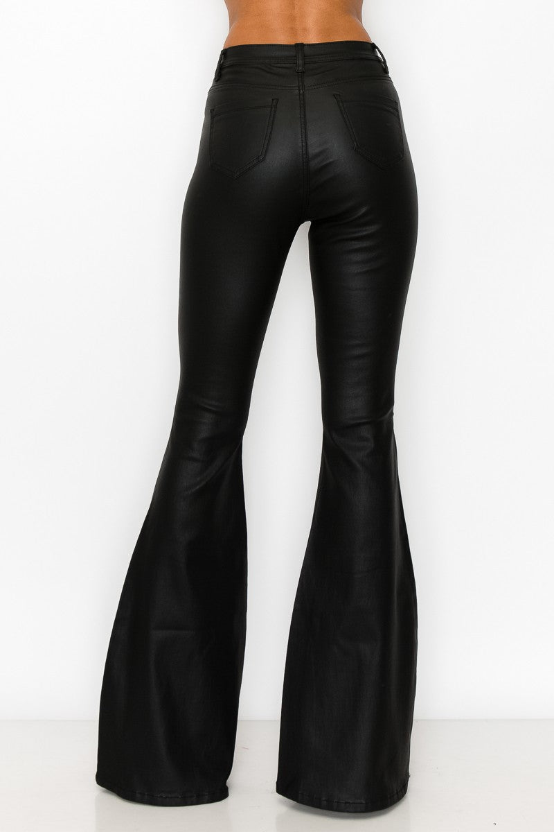 JCJQ Jeans High Waist Black Coated PU Super Bell Bottom Pants — Glam Coated Stretch with Bell Bottom Silhouette - Rooted & Reckless Co.