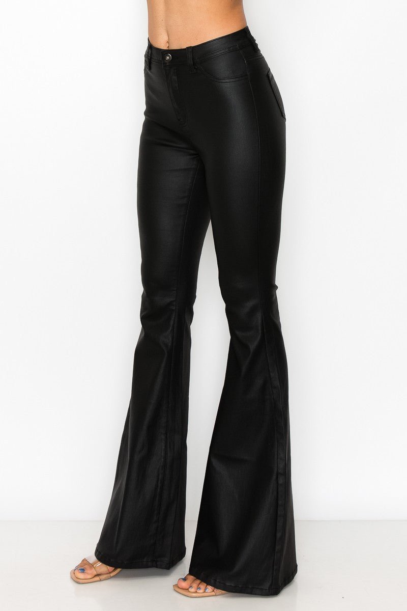 JCJQ Jeans High Waist Black Coated PU Super Bell Bottom Pants — Glam Coated Stretch with Bell Bottom Silhouette - Rooted & Reckless Co.