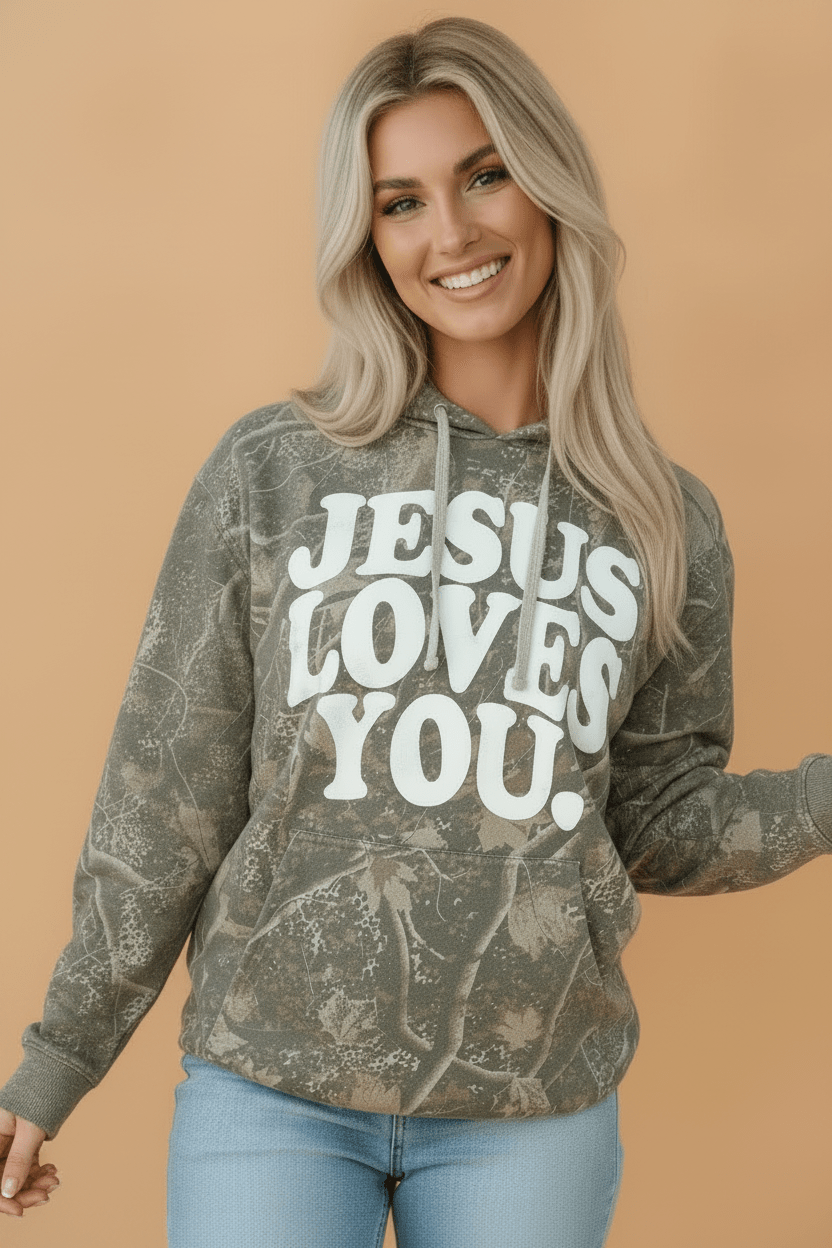 JESUS LOVES YOU Camo Graphic Print Hoodie - Rooted & Reckless Co.