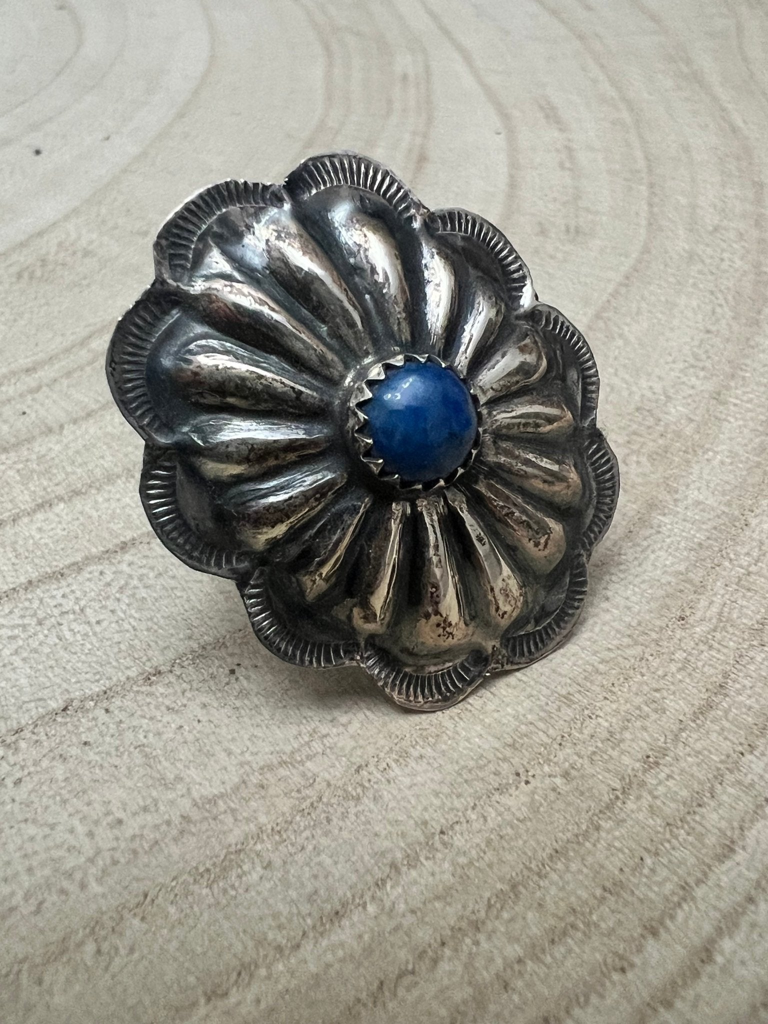 Joanee Silver Navajo Lapis Concho Adjustable Ring — Sterling Silver - Rooted & Reckless Co.
