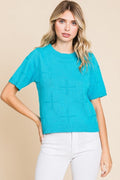 Jodifl Crosses Textured Knit Western Top — U-Neck Short Sleeve Summer Layering Piece - Rooted & Reckless Co.