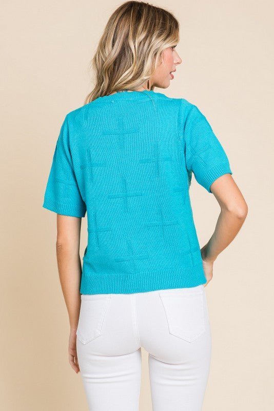 Jodifl Crosses Textured Knit Western Top — U-Neck Short Sleeve Summer Layering Piece - Rooted & Reckless Co.