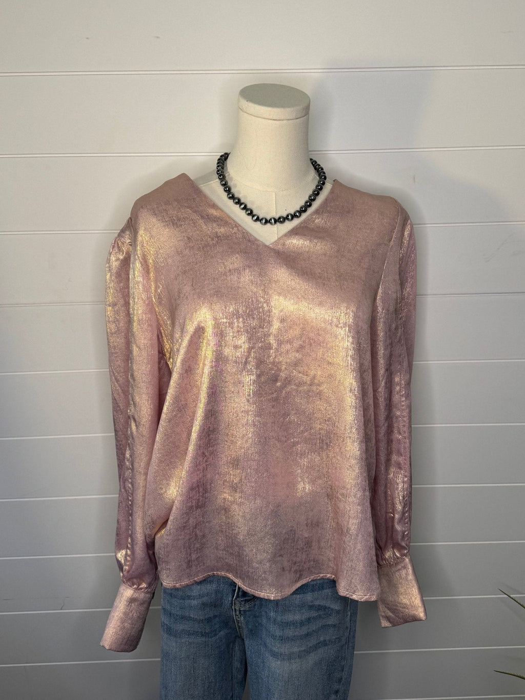 Jodifl Metallic Western V-Neck Puff Sleeve Blouse — Lightweight Elegant Layering Piece - Rooted & Reckless Co.