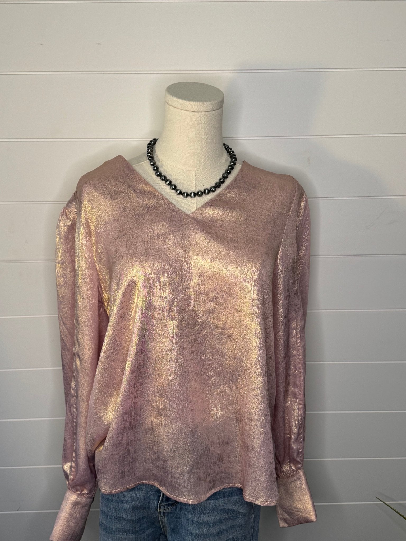Jodifl Metallic Western V-Neck Puff Sleeve Blouse — Lightweight Elegant Layering Piece - Rooted & Reckless Co.